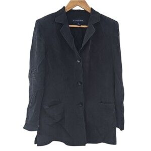 Preston & York 100% Silk Blazer Sz 14 Black Tailored Career Minimalist Quiet Lux